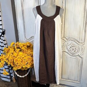 Made in Italy Brown and White Sleeveless 100% Cool Linen Dress with Pockets